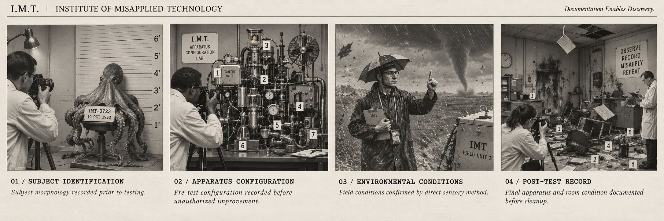 Institute of Misapplied Technology documentation examples showing subject identification, apparatus configuration, environmental conditions, and post-test recording