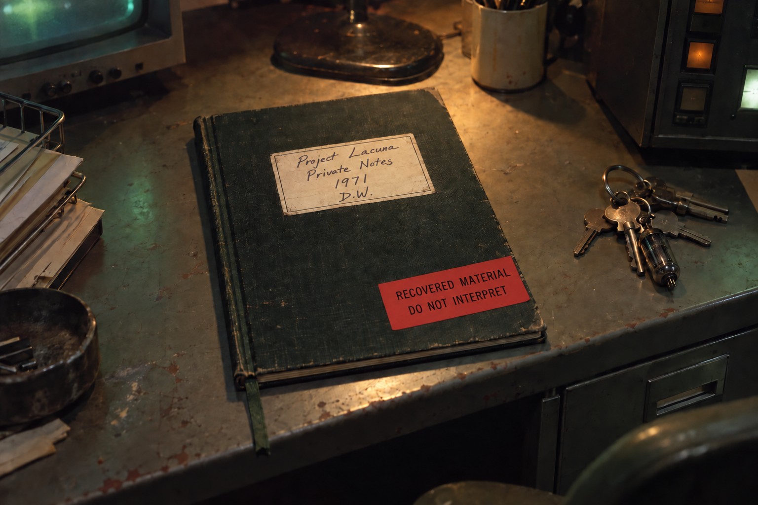 Recovered Project Lacuna notebook photographed in the Office of Adverse Outcome Prevention