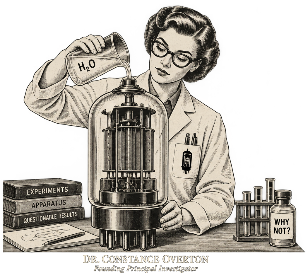 Miss Application, an Institute engineer, pouring water into an oversized vacuum tube