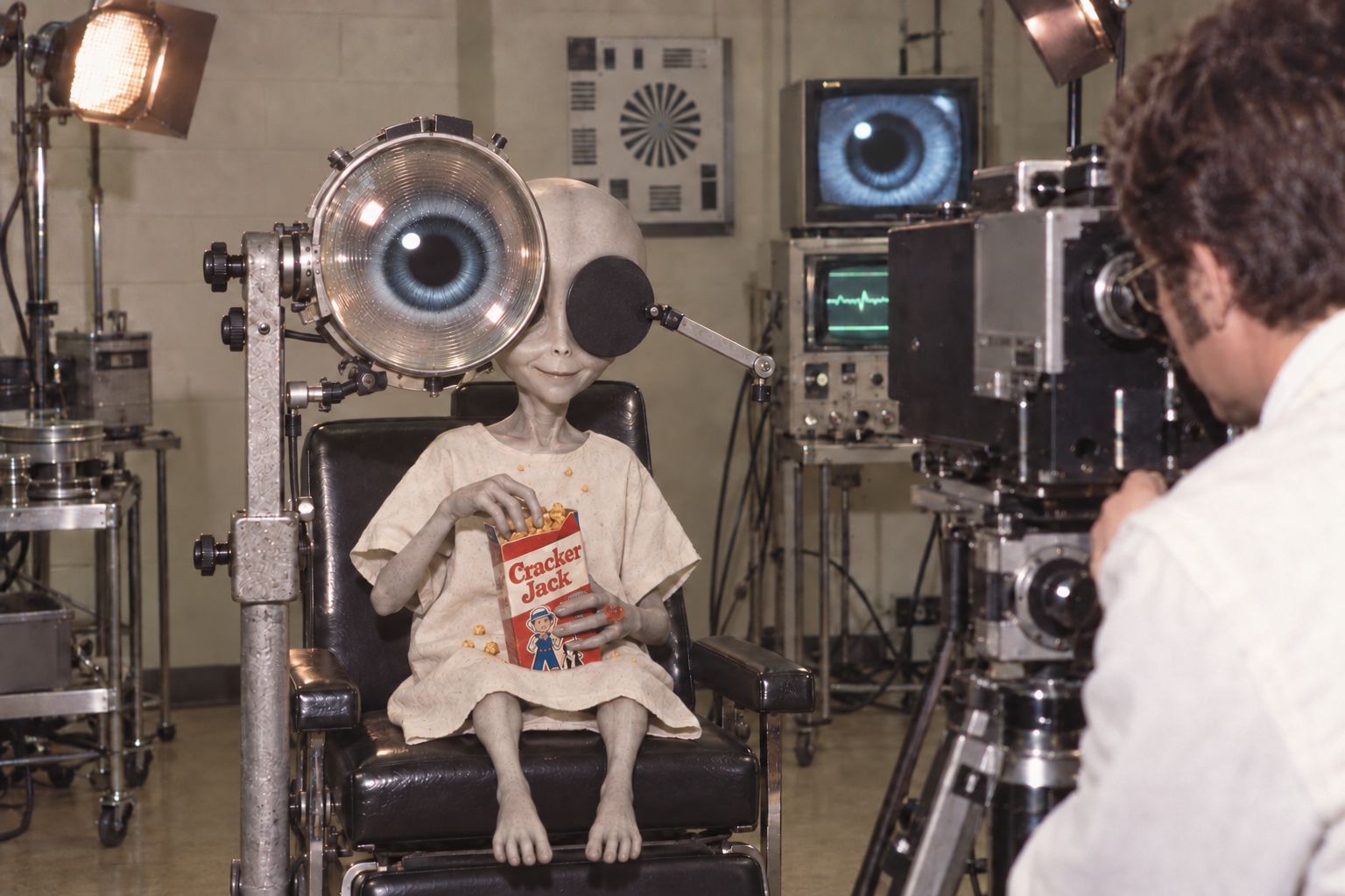 ECY-3 attention apparatus being tested with a gray extraterrestrial subject