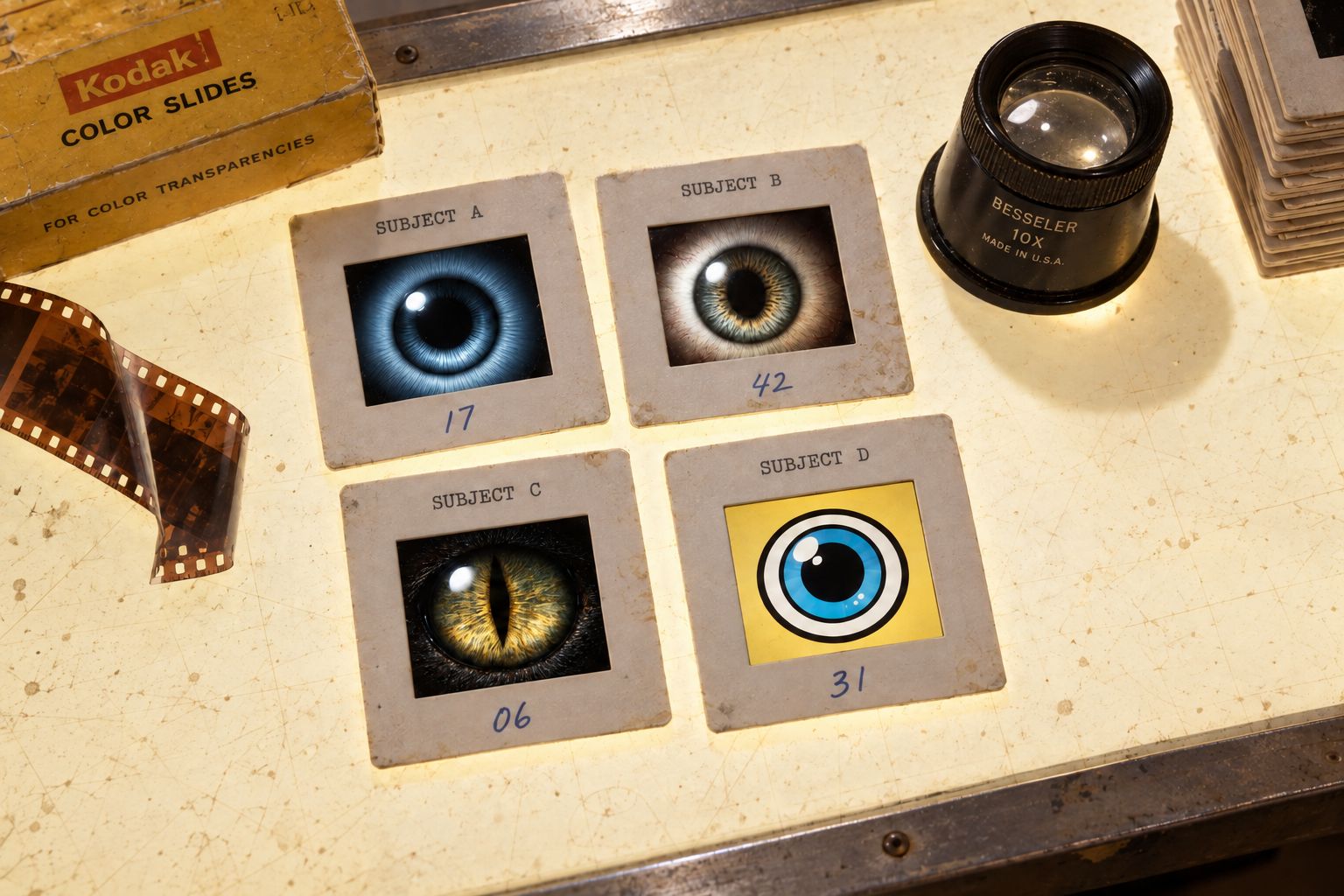 ECY-3 ocular model reference slides arranged on a laboratory light table