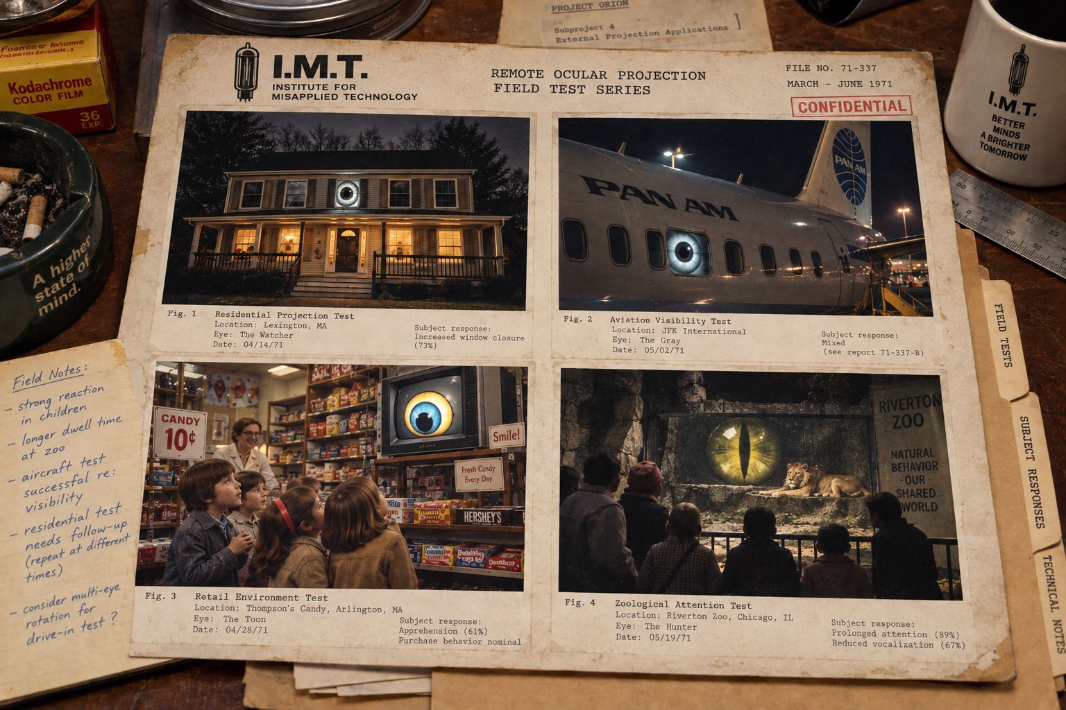 ECY-3 remote ocular projection field-test dossier showing residential, aviation, retail and zoological trials