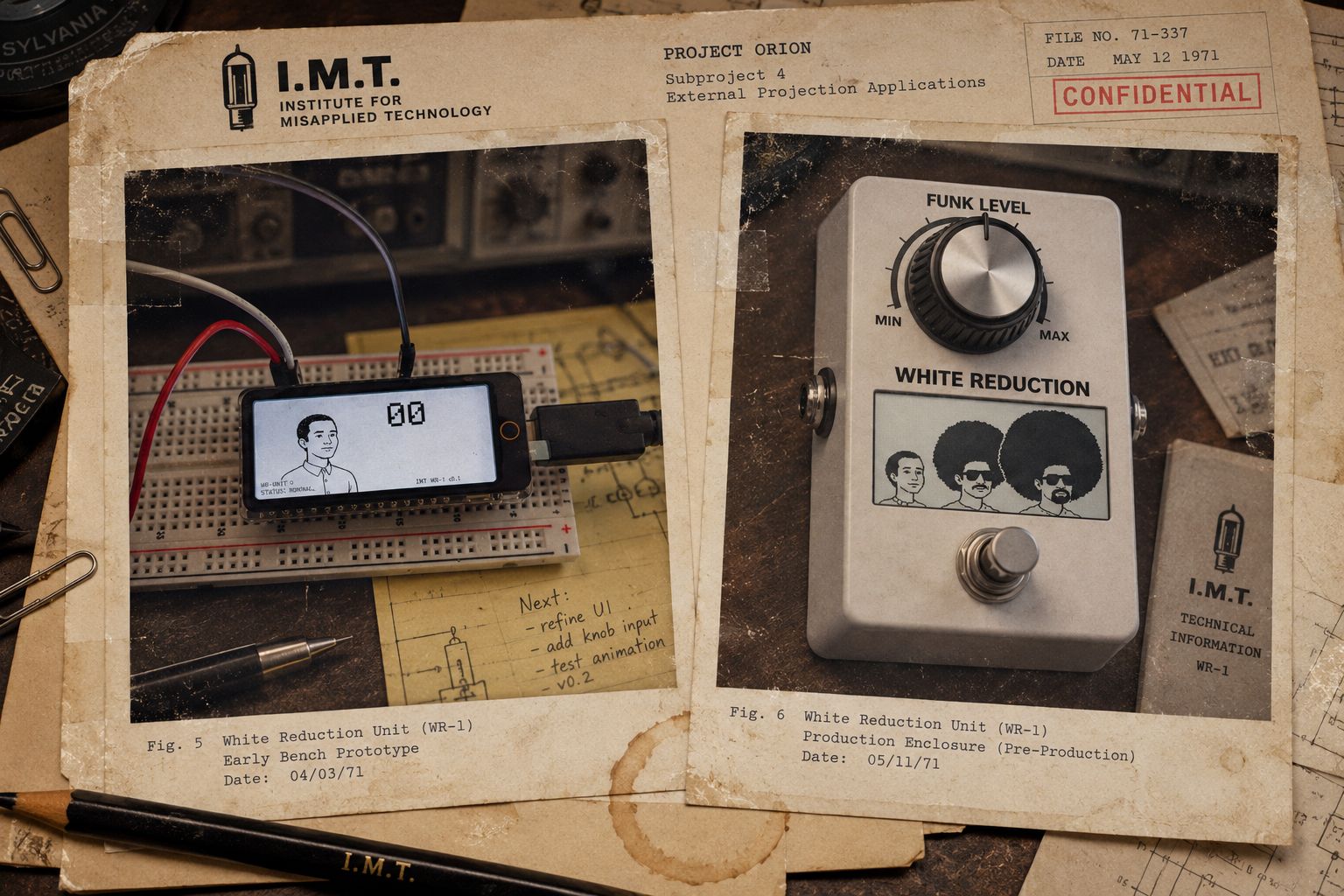 WR development record showing an early signal-processing prototype and enclosure